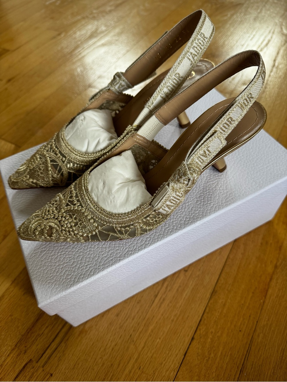 Dior Gold Embroidered Pointed Slingback Heels - Picture 3 of 6